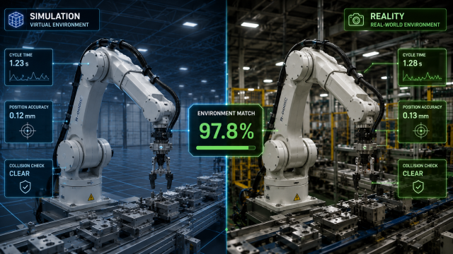 Sim-to-real accuracy comparison between simulated and physical robot deployment"