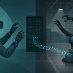 "teleoperated robots" — a person wearing a VR headset and haptic gloves in the foreground, their exact hand movements mirrored by a robotic arm across the room, with a faint data-stream visualization flowing from the robot into a server rack, clean editorial-illustration style, no text overlay.
