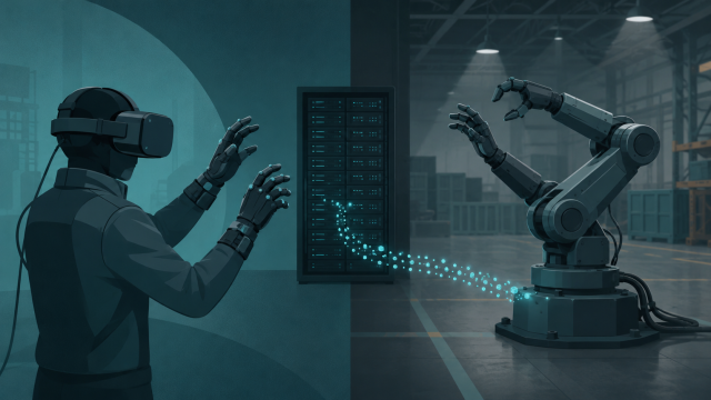 "teleoperated robots" — a person wearing a VR headset and haptic gloves in the foreground, their exact hand movements mirrored by a robotic arm across the room, with a faint data-stream visualization flowing from the robot into a server rack, clean editorial-illustration style, no text overlay.