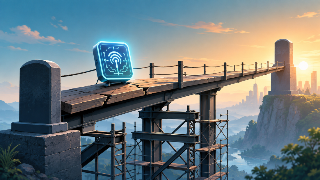 "industrial IoT trends" — a timeline illustration running toward 2030, showing a shiny sensor icon on a fragile, disconnected bridge, with a sturdier architectural foundation being built underneath it just behind, clean editorial-illustration style, no text overlay.