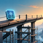 "industrial IoT trends" — a timeline illustration running toward 2030, showing a shiny sensor icon on a fragile, disconnected bridge, with a sturdier architectural foundation being built underneath it just behind, clean editorial-illustration style, no text overlay.