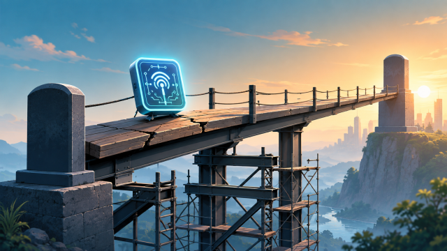 "industrial IoT trends" — a timeline illustration running toward 2030, showing a shiny sensor icon on a fragile, disconnected bridge, with a sturdier architectural foundation being built underneath it just behind, clean editorial-illustration style, no text overlay.