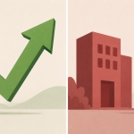 "insider selling" — a simple two-panel illustration, one panel showing an upward-pointing analyst arrow icon, the other showing a small silhouette quietly walking away from a company logo carrying a briefcase, clean editorial-illustration style, no text overlay.