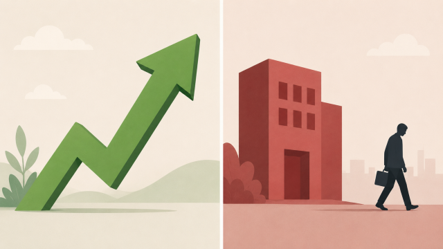 "insider selling" — a simple two-panel illustration, one panel showing an upward-pointing analyst arrow icon, the other showing a small silhouette quietly walking away from a company logo carrying a briefcase, clean editorial-illustration style, no text overlay.