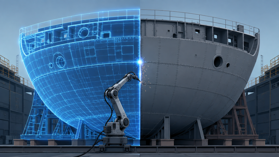 : "digital shipyard" — a half-finished ship hull rendered as a glowing blue wireframe on one side and solid welded steel on the other, with a small robotic welding arm positioned exactly at the seam between the two, clean editorial-illustration style, no text overlay.