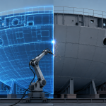 : "digital shipyard" — a half-finished ship hull rendered as a glowing blue wireframe on one side and solid welded steel on the other, with a small robotic welding arm positioned exactly at the seam between the two, clean editorial-illustration style, no text overlay.