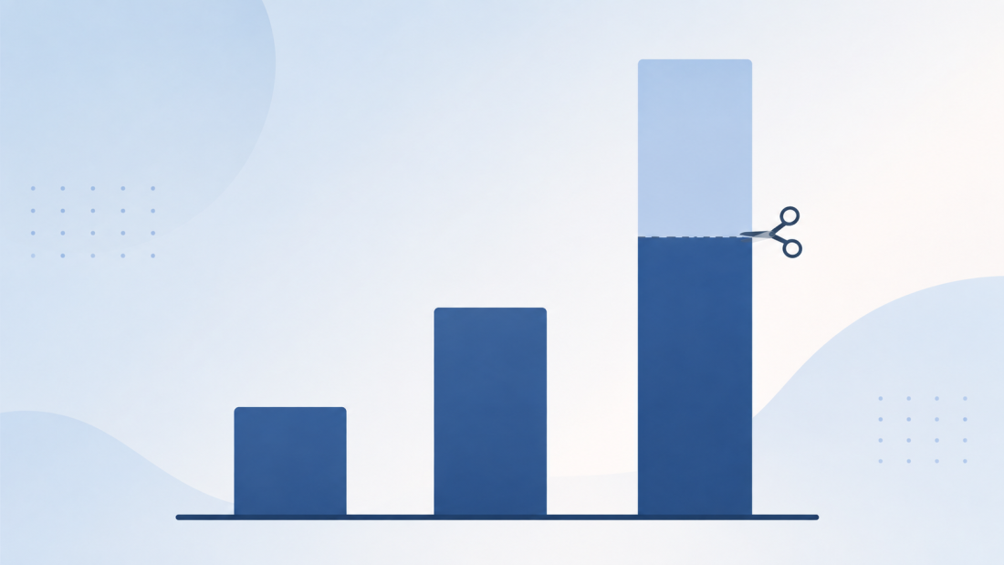 "industrial profit" — a bar chart where one tall bar is shown split into two distinct shades, a solid lower section and a lighter, semi-transparent upper section, with a small pair of scissors icon resting at the boundary between them, clean editorial-illustration style, no text overlay.