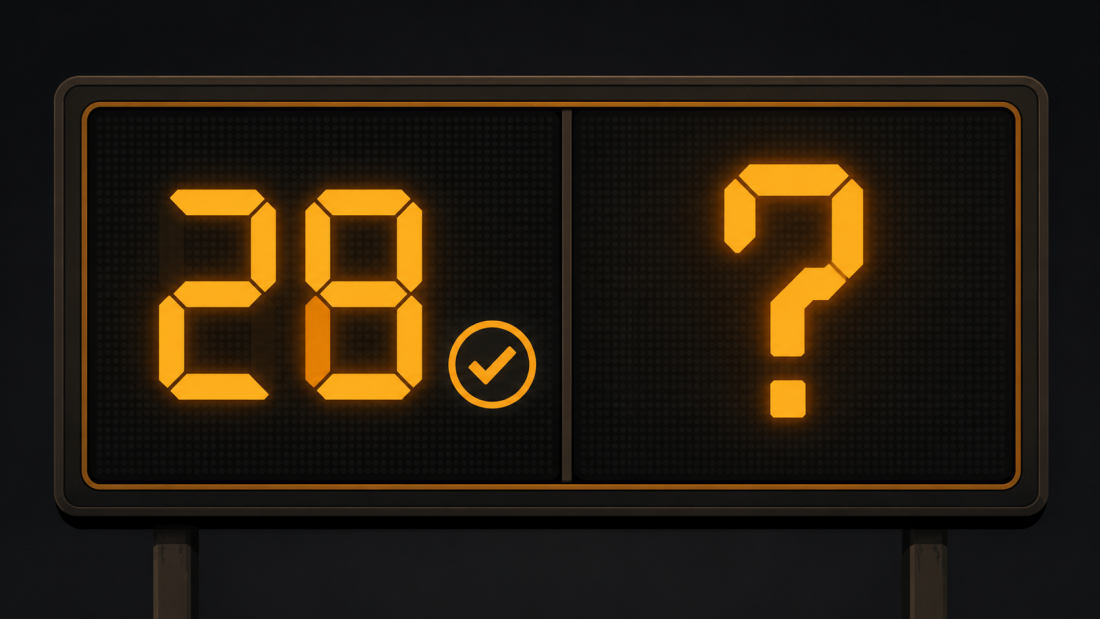 "benchmark claims" — a two-column scoreboard illustration, one column filled with solid numbers and a checkmark, the other column showing only a question mark where the score should be, clean editorial-illustration style, no text overlay.