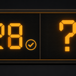 "benchmark claims" — a two-column scoreboard illustration, one column filled with solid numbers and a checkmark, the other column showing only a question mark where the score should be, clean editorial-illustration style, no text overlay.