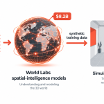 Diagram of the AMD World Labs acquisition showing spatial-intelligence models feeding robot simulation training.