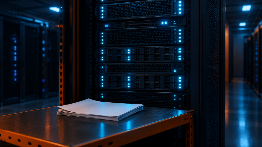 "Alibaba AgentCore—server rack with documents beside it, representing persistent agent memory tied to one cloud."