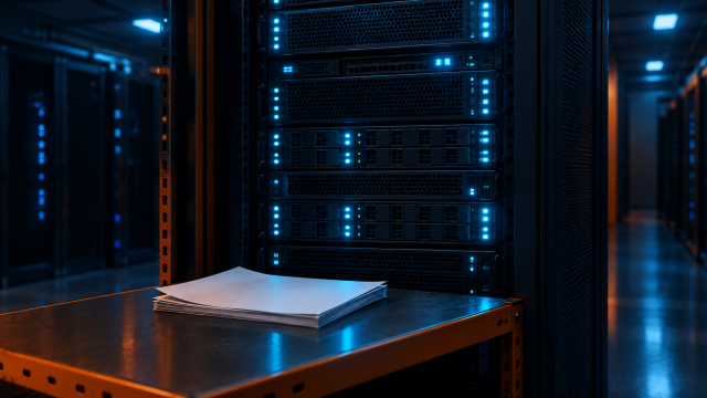 "Alibaba AgentCore—server rack with documents beside it, representing persistent agent memory tied to one cloud."