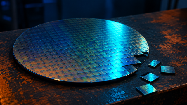 "Broadcom AI semiconductor revenue—silicon wafer on a workbench with individual chips cut from the edge."