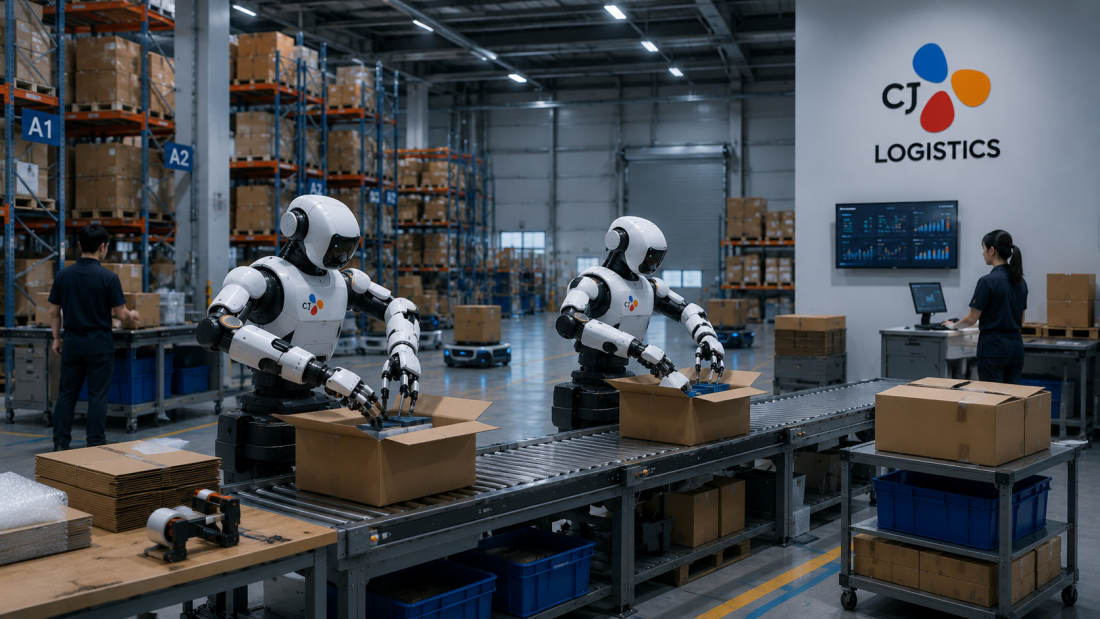 "CJ Logistics humanoid robot deployment—first live packaging line robots in South Korean logistics."