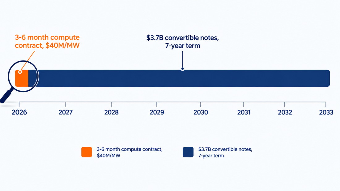 CoreWeave Revenue Timeline showing a 3-6 month CoreWeave compute contract nested inside a 7-year convertible note maturing in 2033.
