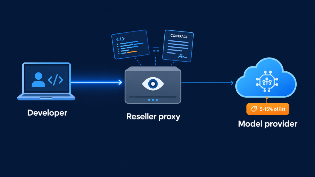 Diagram of discounted AI API access routing developer prompts through a reseller proxy before they reach the model.