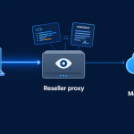Diagram of discounted AI API access routing developer prompts through a reseller proxy before they reach the model.
