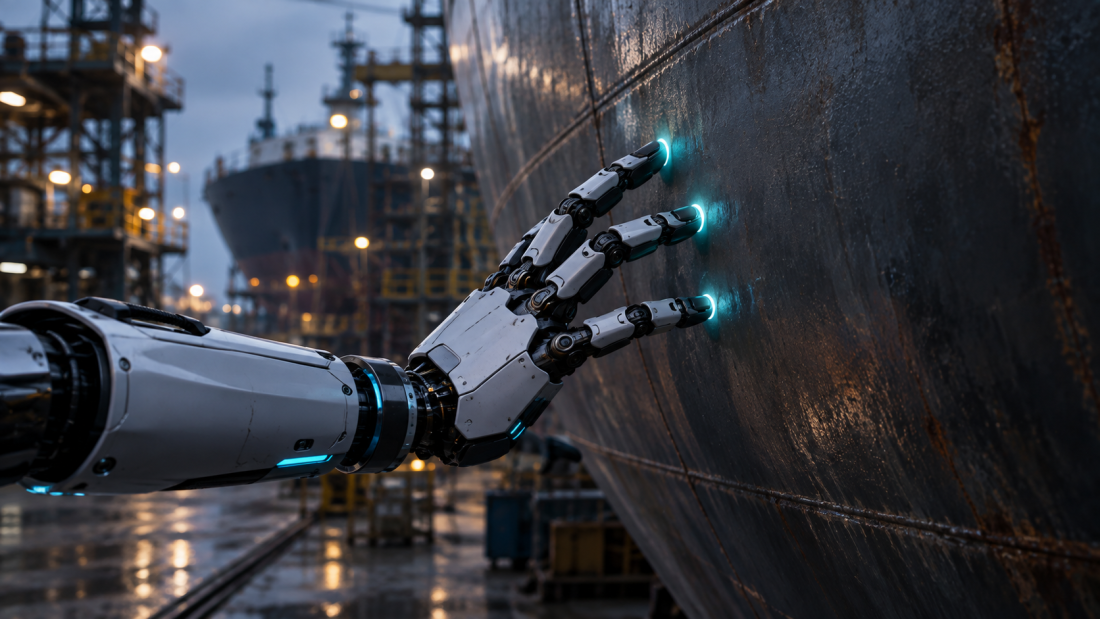 "HD Hyundai Robotics tactile sensor investment—robotic hand measuring force against ship hull steel."