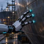 "HD Hyundai Robotics tactile sensor investment—robotic hand measuring force against ship hull steel."