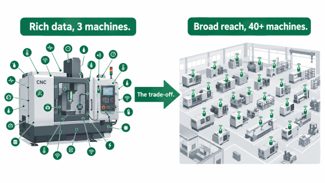 Diagram comparing rich sensor data on one machine against industrial IoT coverage across a whole factory fleet.