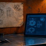 "Manufacturing AI revenue—paper CAD drawing beside a structured digital data platform, showing the shift from unstructured to organized industrial data."