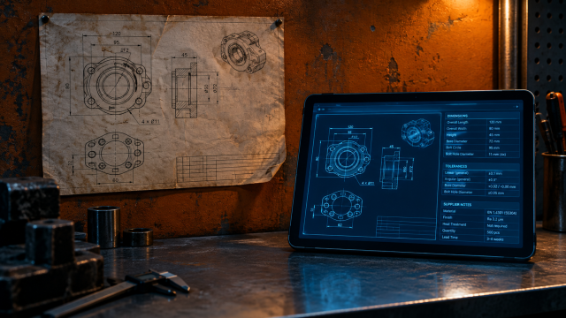 "Manufacturing AI revenue—paper CAD drawing beside a structured digital data platform, showing the shift from unstructured to organized industrial data."