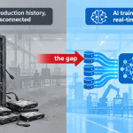 manufacturing AI systems Split diagram showing a legacy SCADA historian discarding hard drives of production data on one side, and an AI pipeline needing that exact full-resolution data on the other.