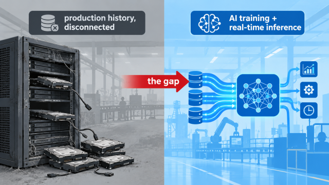 manufacturing AI systems Split diagram showing a legacy SCADA historian discarding hard drives of production data on one side, and an AI pipeline needing that exact full-resolution data on the other.