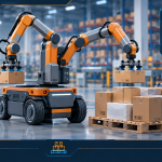 Maven Robotics wheeled dual-arm robot performing mixed-case palletizing in a warehouse—$100M Series A, 99%+ uptime, 8 robots already running 16-hour shifts.