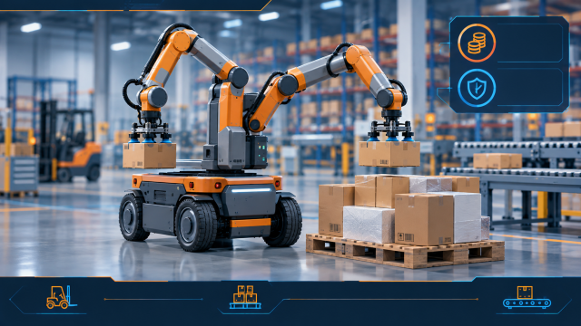 Maven Robotics wheeled dual-arm robot performing mixed-case palletizing in a warehouse—$100M Series A, 99%+ uptime, 8 robots already running 16-hour shifts.