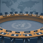 UN Security Council AI briefing chamber with placards for OpenAI, Anthropic, DeepSeek, and Moonshot alongside national delegations