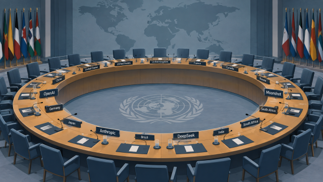 UN Security Council AI briefing chamber with placards for OpenAI, Anthropic, DeepSeek, and Moonshot alongside national delegations
