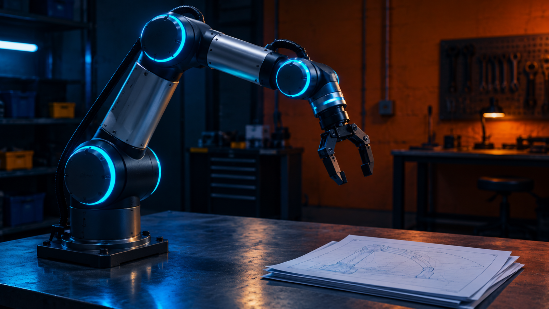 "Qualcomm PickNik acquisition—robotic arm above movement-path documentation in a dim workshop."
