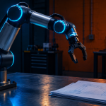 "Qualcomm PickNik acquisition—robotic arm above movement-path documentation in a dim workshop."