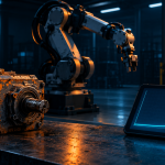 "Robot maintenance cost model—industrial robot arm with worn gearbox and a rising cost curve showing post-year-7 cost inflection."