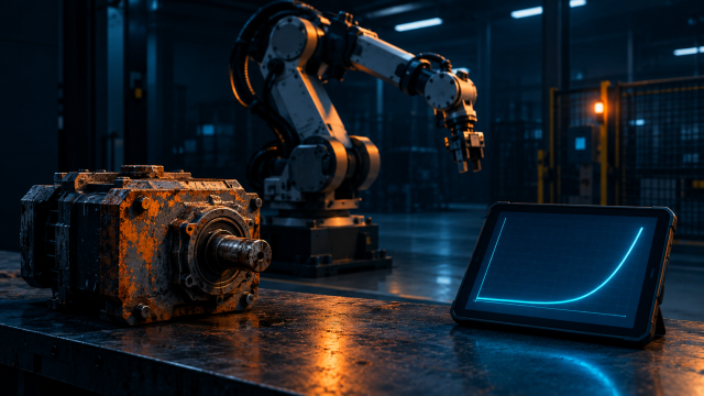 "Robot maintenance cost model—industrial robot arm with worn gearbox and a rising cost curve showing post-year-7 cost inflection."