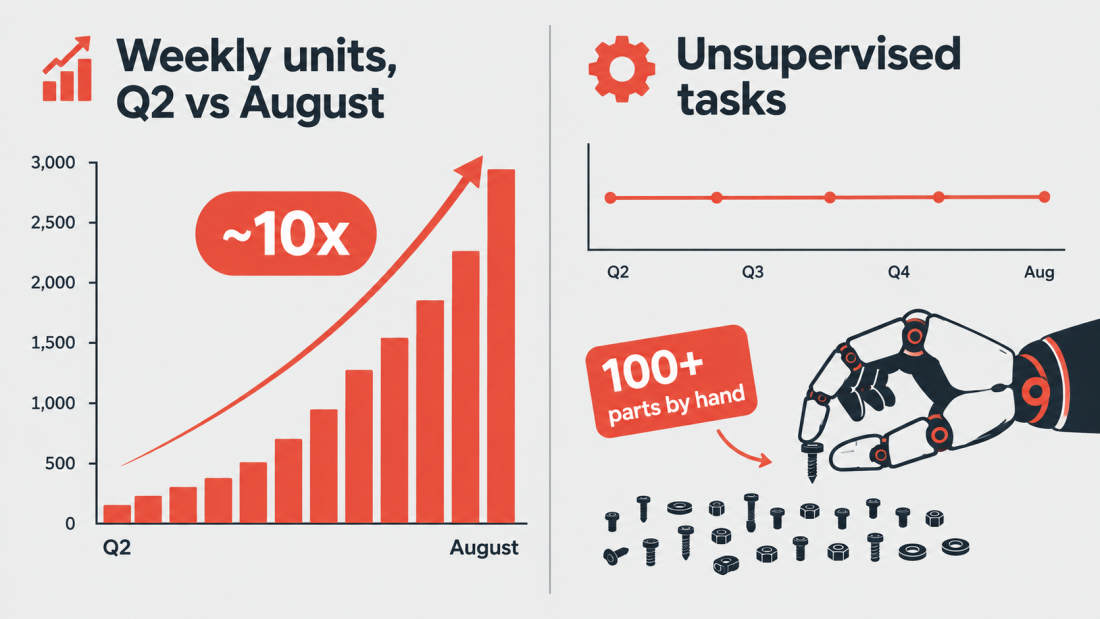 Chart showing Tesla Optimus production rising tenfold while unsupervised task capability stays flat.