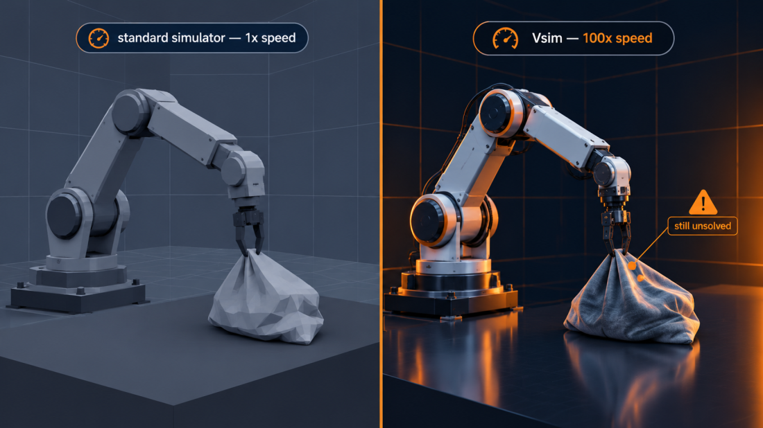 The 100x Robot Simulation Speed Claim Has an Asterisk Split-panel graphic comparing a slow, low-fidelity robot simulator against a fast, high-fidelity one, with a caution icon over deformable-object handling.