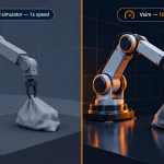 The 100x Robot Simulation Speed Claim Has an Asterisk Split-panel graphic comparing a slow, low-fidelity robot simulator against a fast, high-fidelity one, with a caution icon over deformable-object handling.