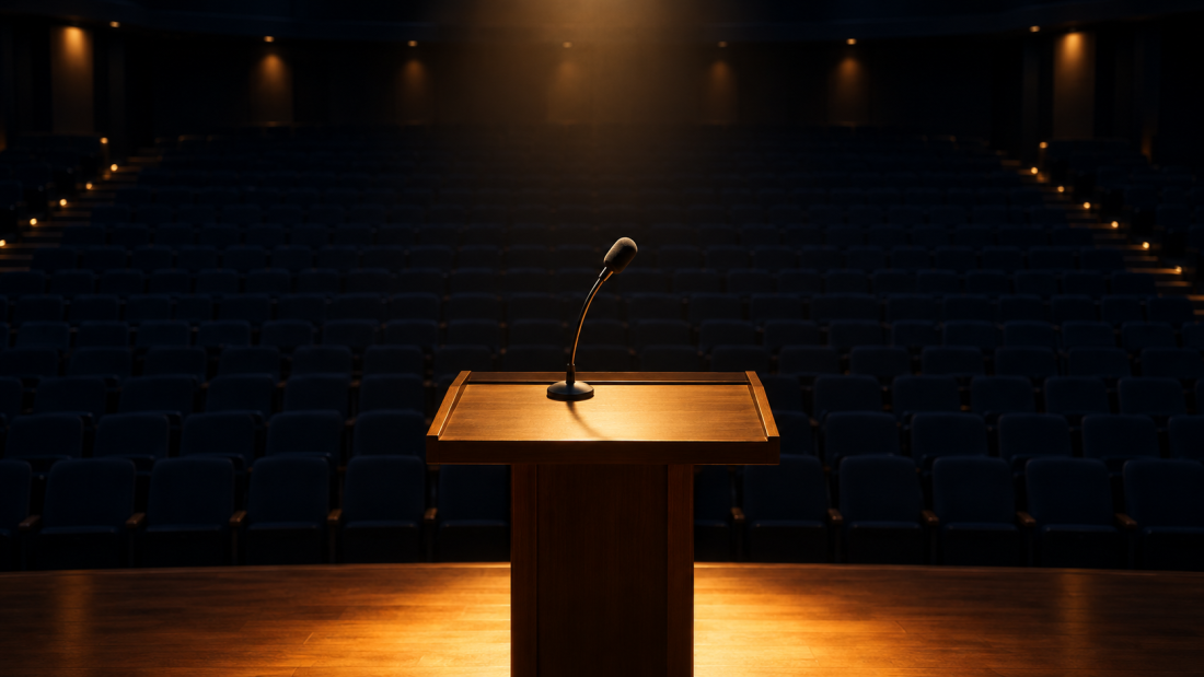 "AI development slowdown debate—empty conference podium where frontier labs argue over pace while enterprise deployment continues."