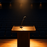 "AI development slowdown debate—empty conference podium where frontier labs argue over pace while enterprise deployment continues."