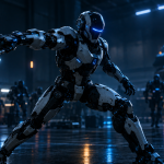 "Unitree autonomous combat—humanoid robot in combat stance demonstrating world-model-driven deployment readiness."