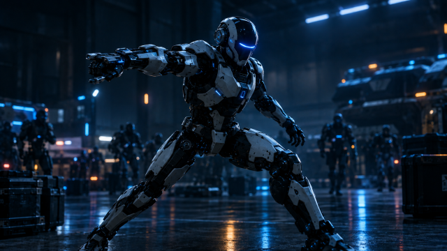 "Unitree autonomous combat—humanoid robot in combat stance demonstrating world-model-driven deployment readiness."