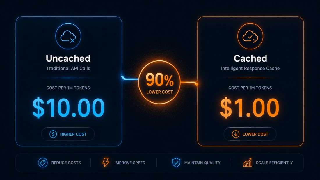 "Token Caching Secrets cuts AI input costs by 80-90%—cached vs uncached token pricing comparison."