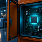 Industrial edge processor supply commitment—Qualcomm Dragonwing IQ-2390 chip mounted in a factory control panel, rated to 2036.