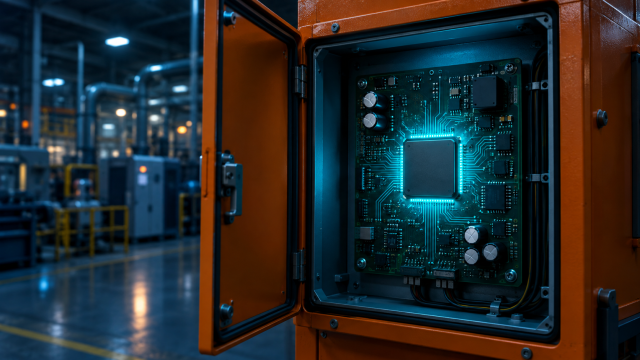 Industrial edge processor supply commitment—Qualcomm Dragonwing IQ-2390 chip mounted in a factory control panel, rated to 2036.