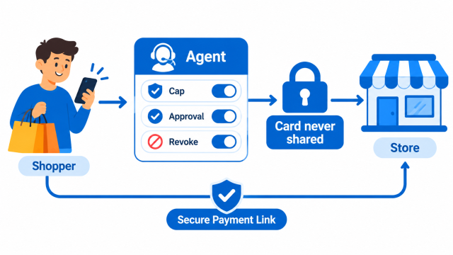 AI agent spending limits diagram showing an agent profile with a cap, approval gate and revoke switch between shopper and store.
