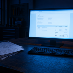 AI industrial sales automation—quote document generating on a monitor beside engineering drawings at an empty sales desk.