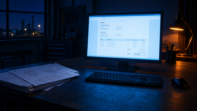 AI industrial sales automation—quote document generating on a monitor beside engineering drawings at an empty sales desk.