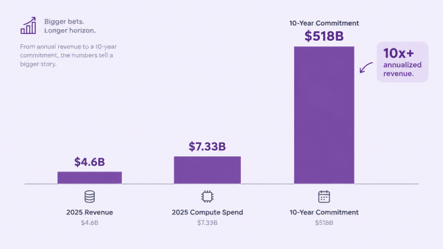 Bar chart comparing Anthropic compute spend against 2025 revenue and the $518 billion long-term commitment.
